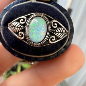 Solid Sterling opal leaf ring